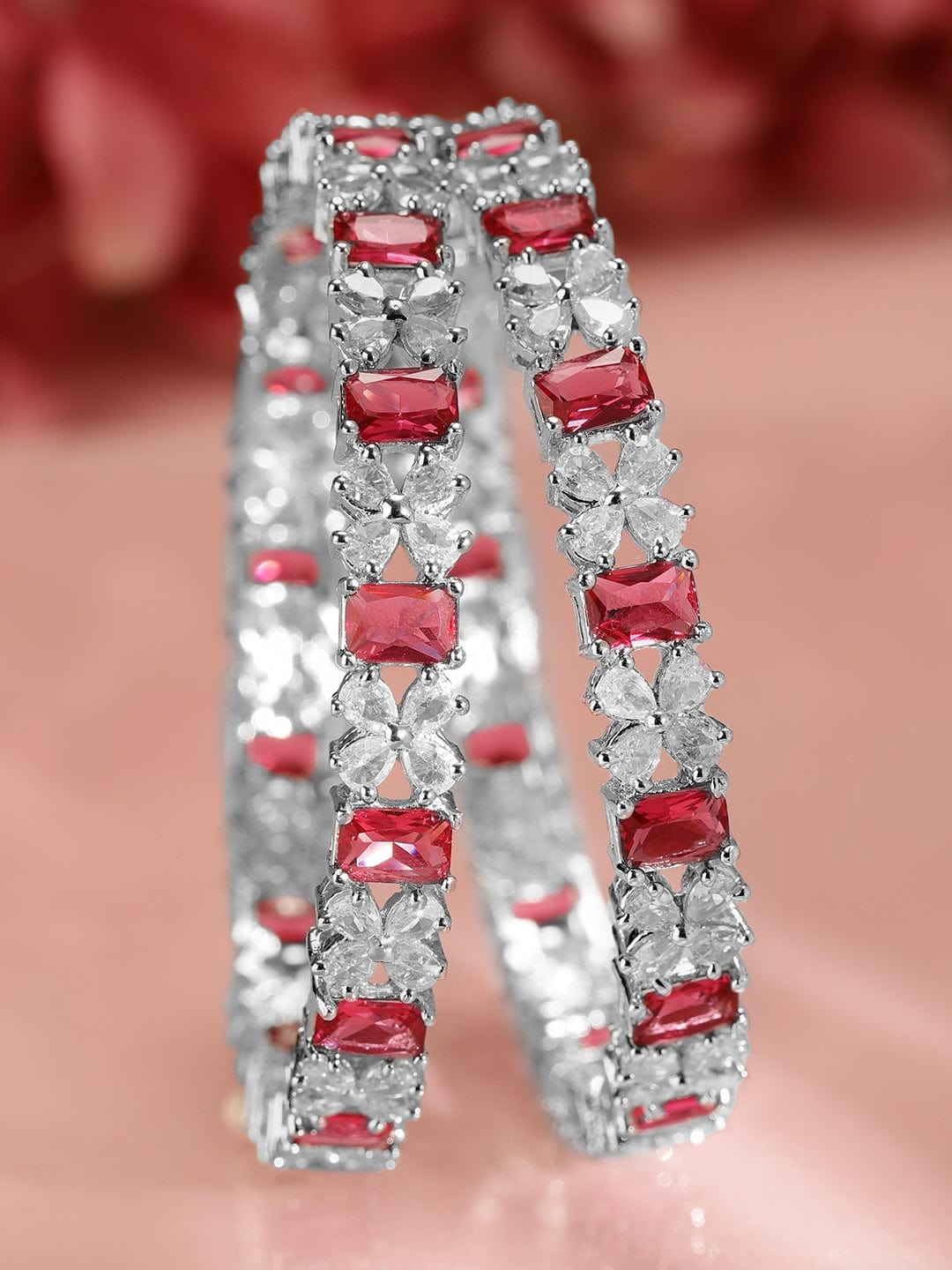 Wentra Set of 2 Rhodium-Plated Ruby Pink & White Cubic Zirconia Studded Floral Bangles