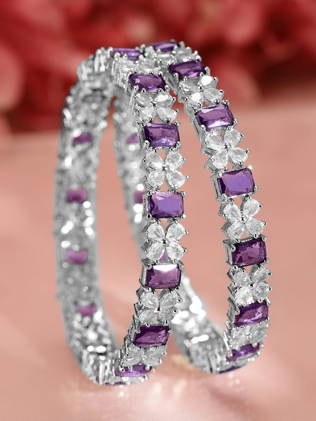Wentra Set Of 2 Rhodium-Plated Sapphire & CZ Studded Bangles