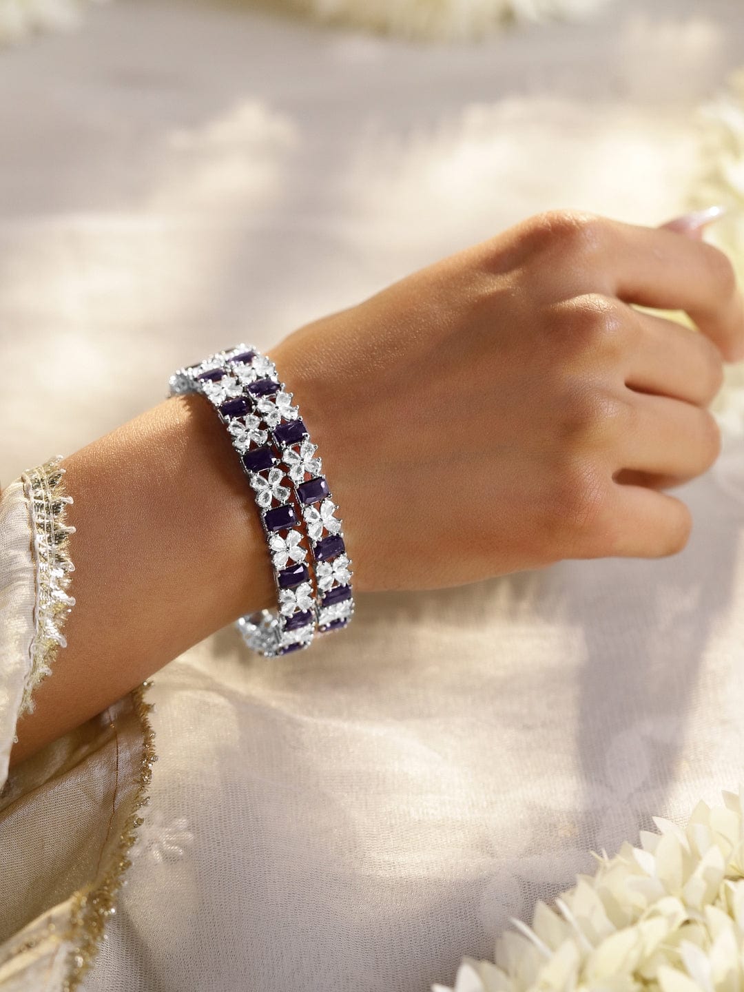 Wentra Set Of 2 Rhodium-Plated Sapphire & CZ Studded Bangles
