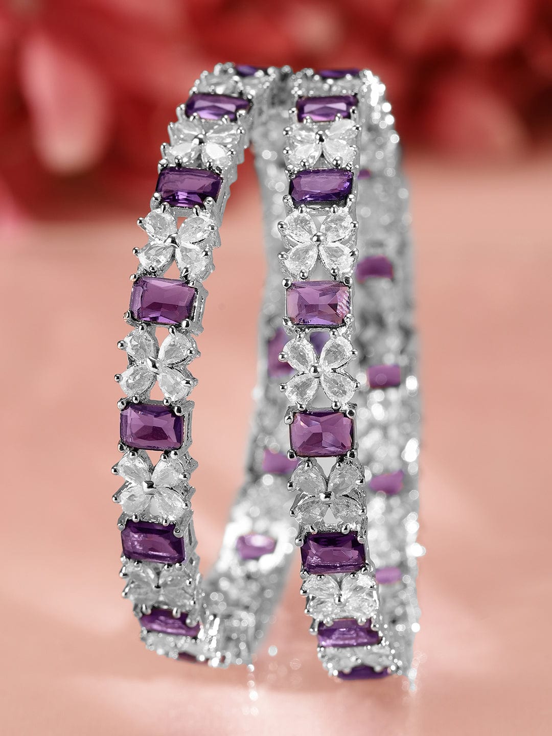 Wentra Set Of 2 Rhodium-Plated Sapphire & CZ Studded Bangles