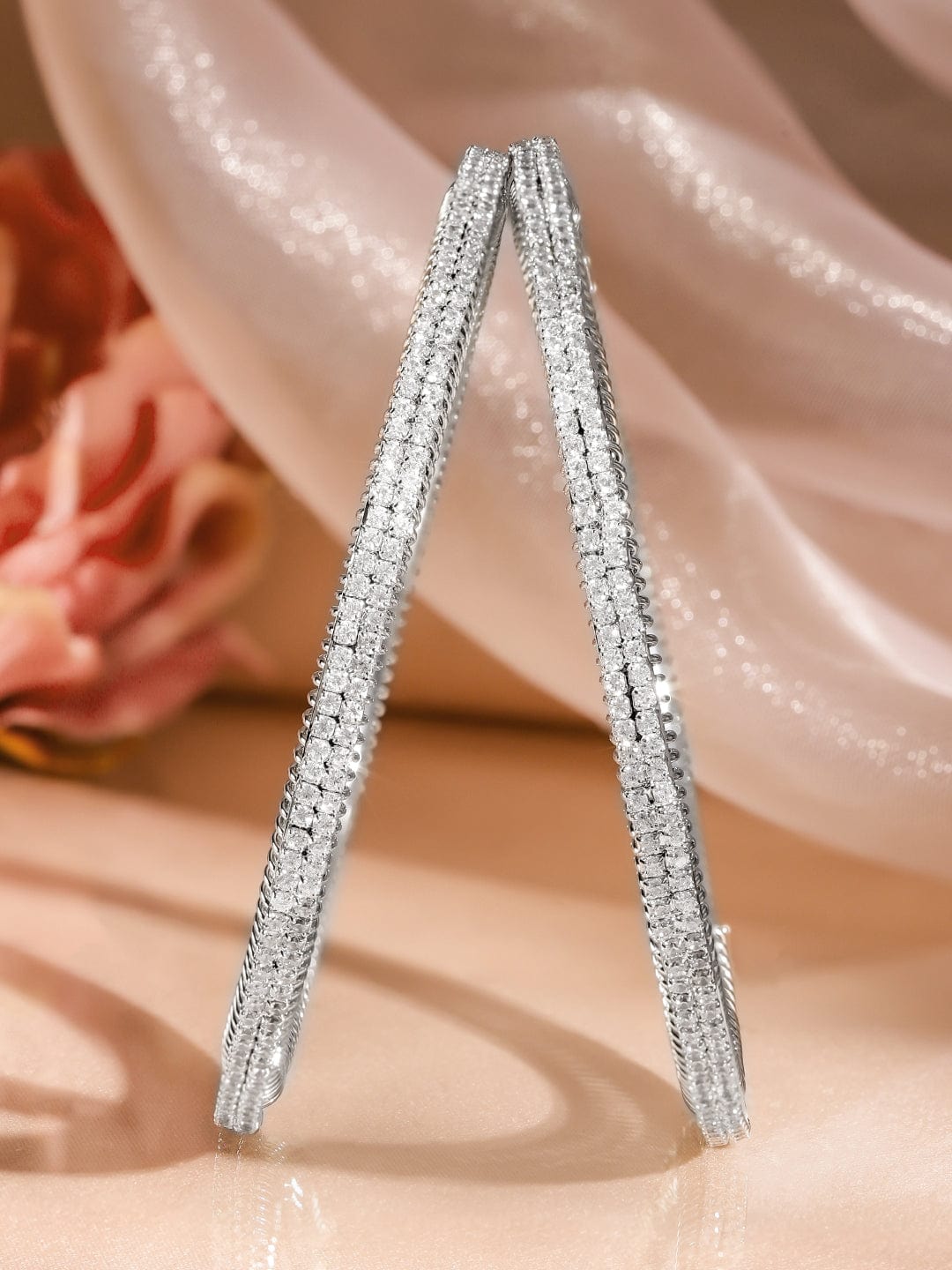 Wentra Set of 2, Rhodium-Plated Sparkling Cubic Zirconia Studded Premium Bangles