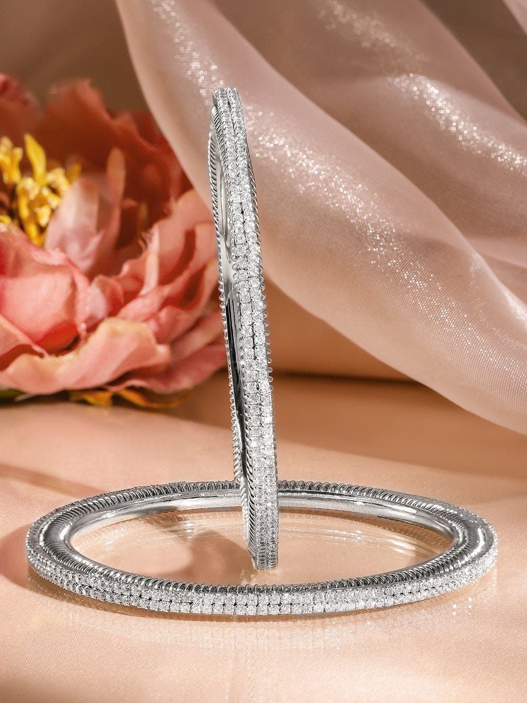 Wentra Set of 2, Rhodium-Plated Sparkling Cubic Zirconia Studded Premium Bangles