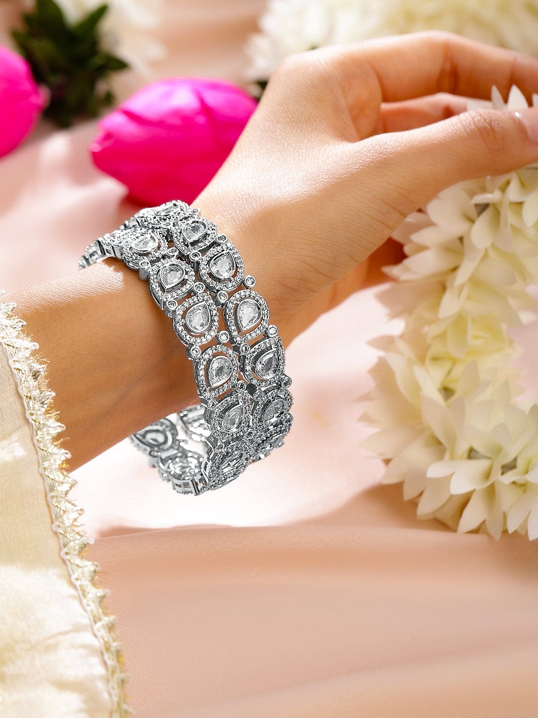 Wentra Set of 2 Rhodium-Plated Teardrop Cubic Zirconia Studded Handcrafted Premium Bangles for Women