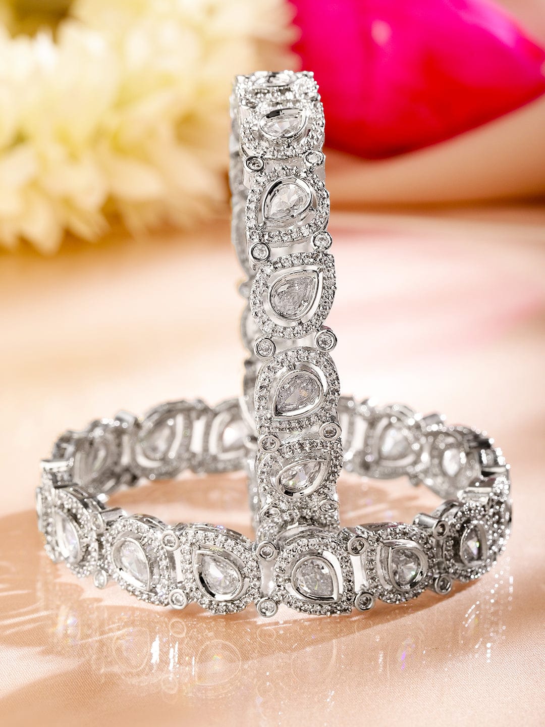 Wentra Set of 2 Rhodium-Plated Teardrop Cubic Zirconia Studded Handcrafted Premium Bangles for Women