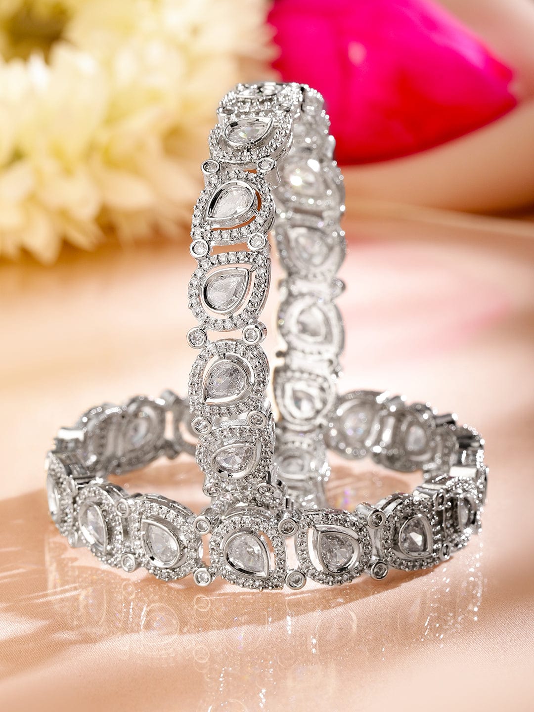 Wentra Set of 2 Rhodium-Plated Teardrop Cubic Zirconia Studded Handcrafted Premium Bangles for Women