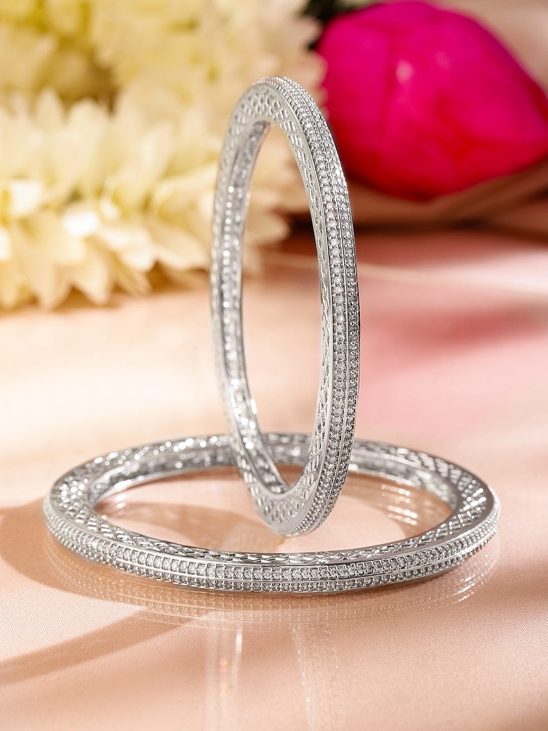 Wentra Set of 2 Rhodium-Plated White Cubic Zirconia Studded Classic Premium Bangles for Women