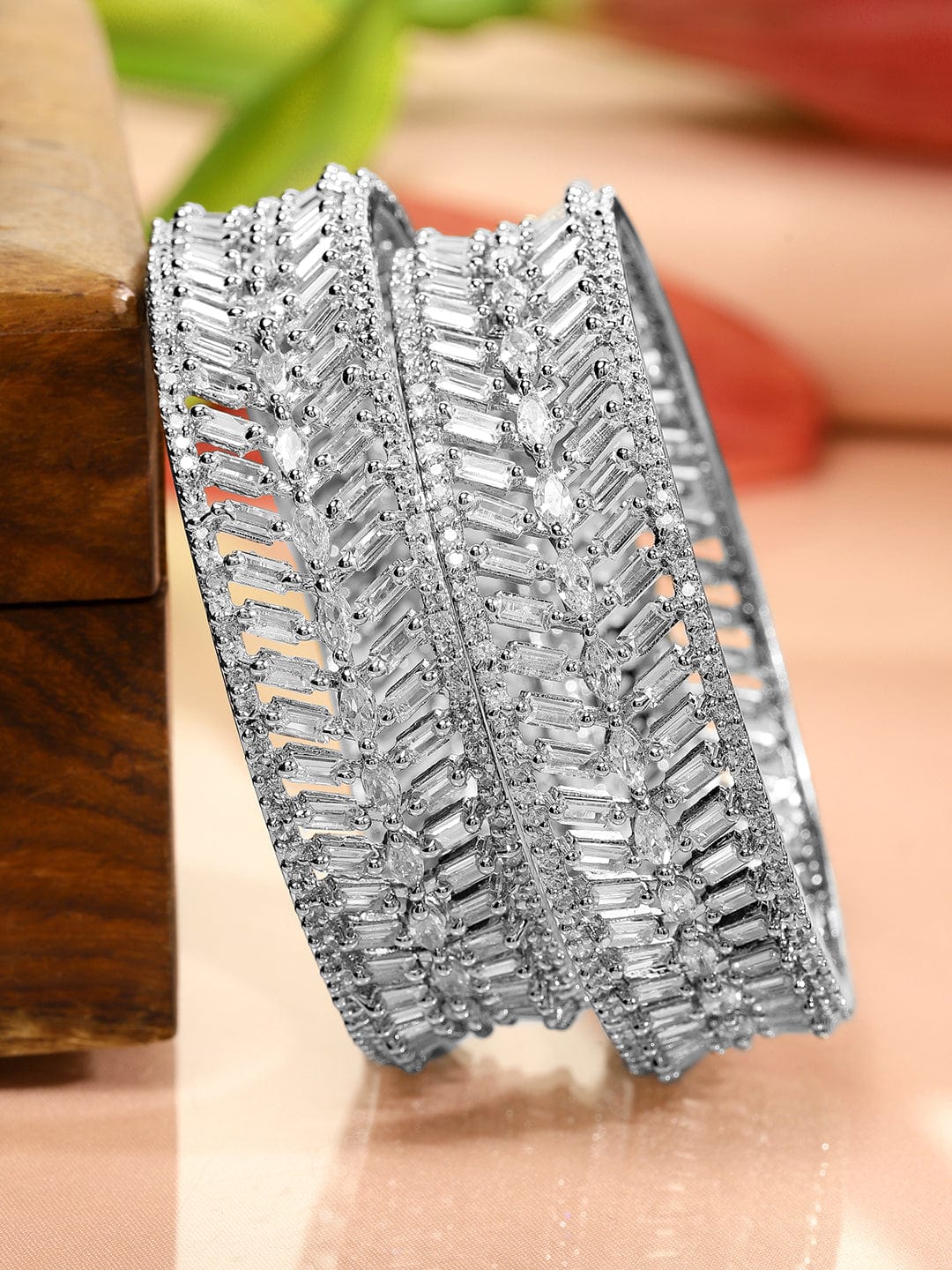 Wentra Set of 2 Rhodium-Plated White Cubic Zirconia Studded Leaf Design Premium Bangles