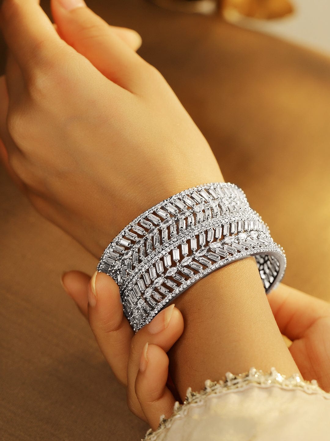 Wentra Set of 2 Rhodium-Plated White Cubic Zirconia Studded Leaf Design Premium Bangles