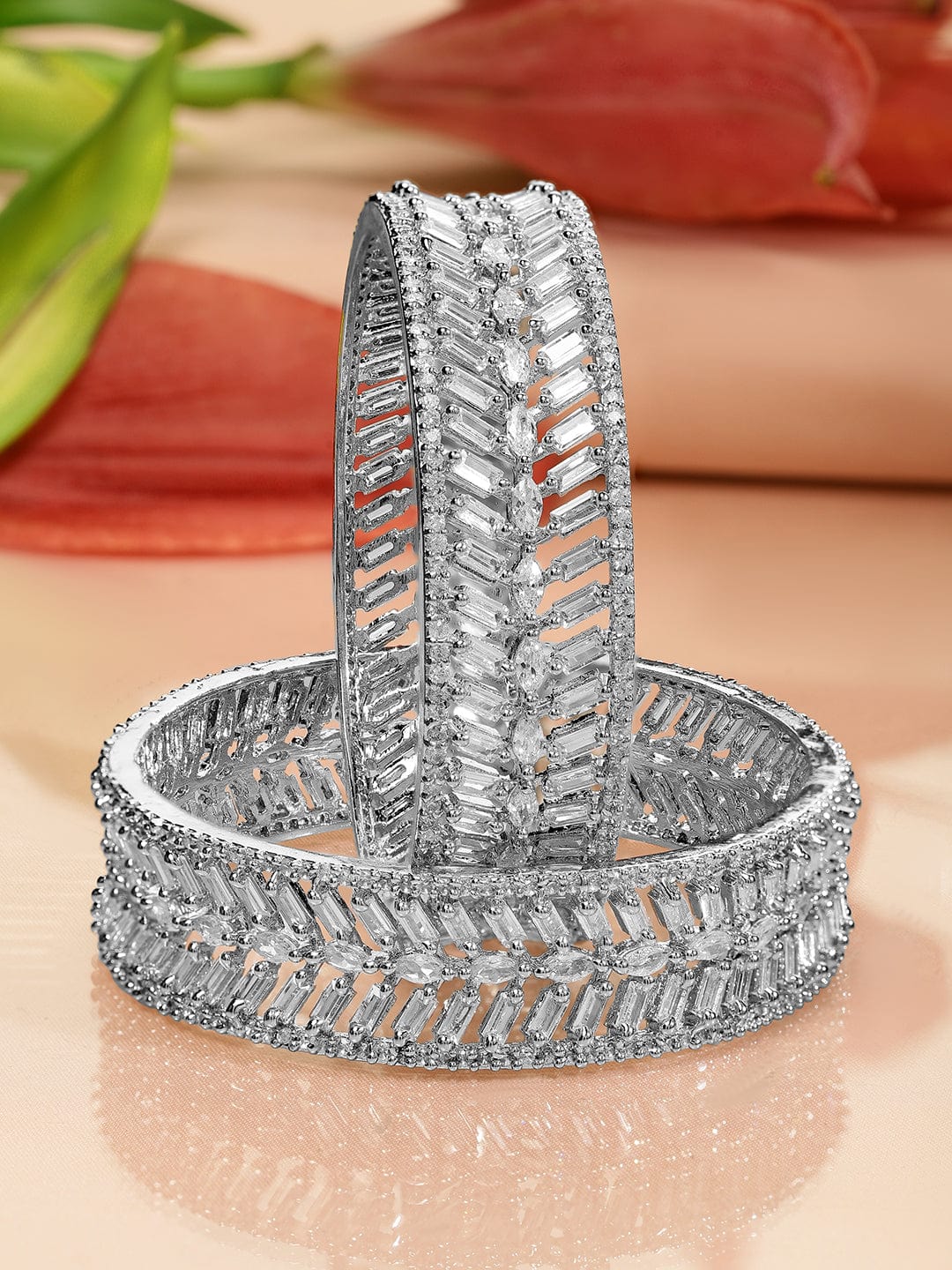 Wentra Set of 2 Rhodium-Plated White Cubic Zirconia Studded Leaf Design Premium Bangles