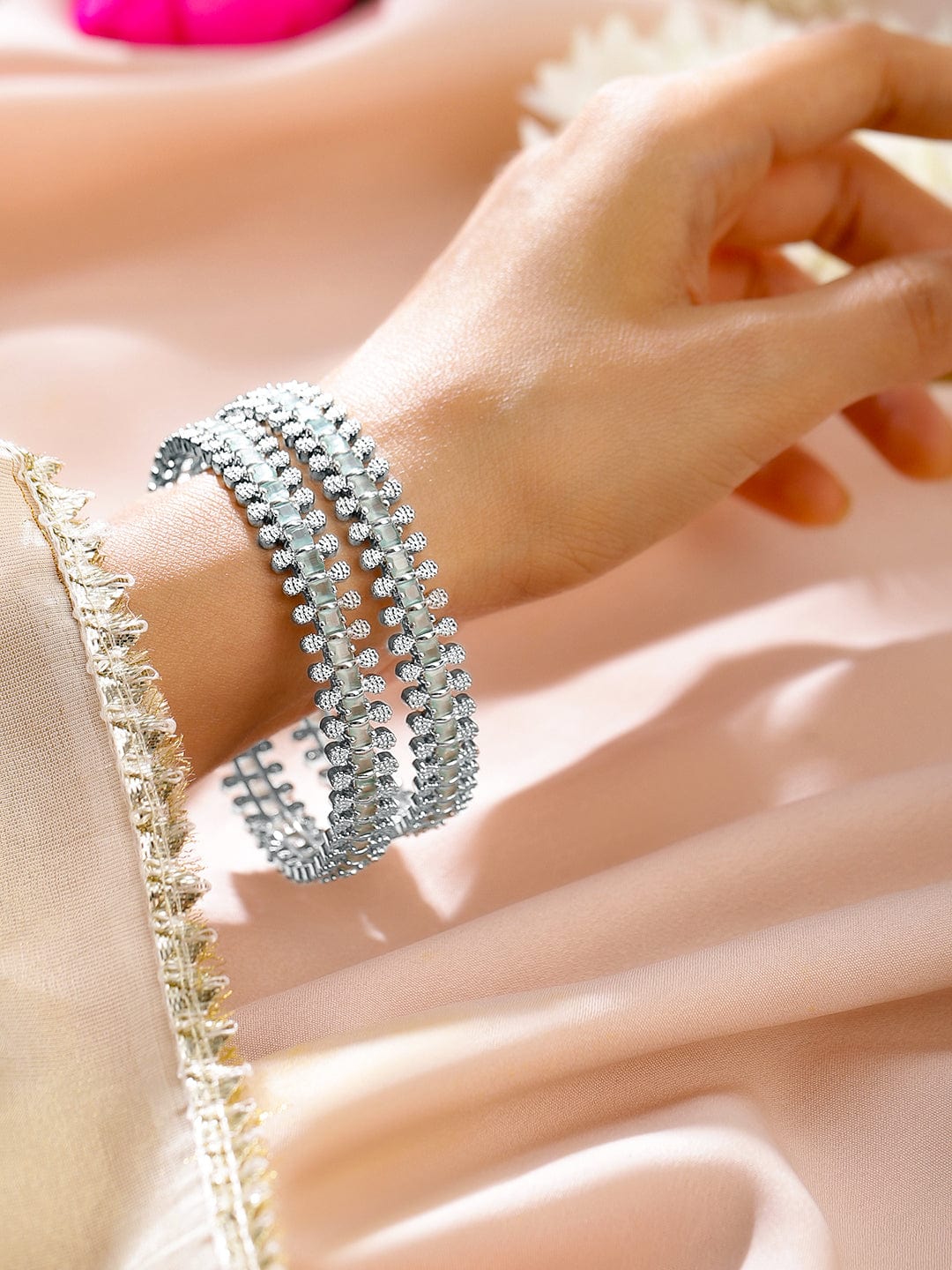 Wentra Set of 2 Rhodium-Plated White & Mint Green Cubic Zirconia Studded Handcrafted Luxe Bangles