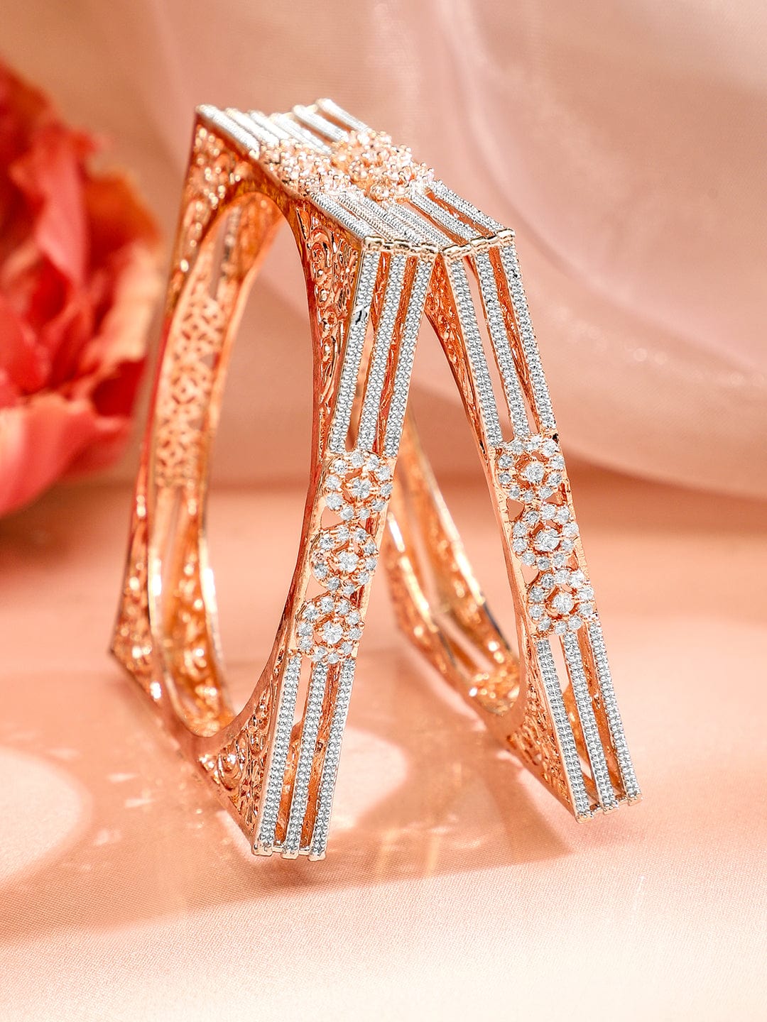 Wentra Set Of 2 Rose Gold-Plated Cubic Zirconia Stone Studded Handcrafted Bangle