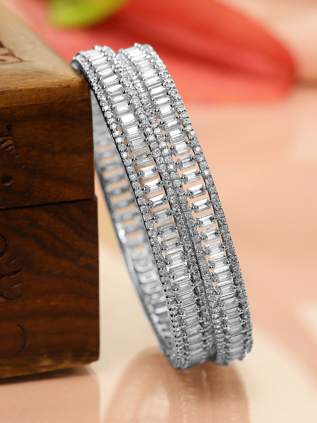 Wentra Set of 2 Silver-Plated AD & Cubic Zirconia Stone-Studded Premium Bangles