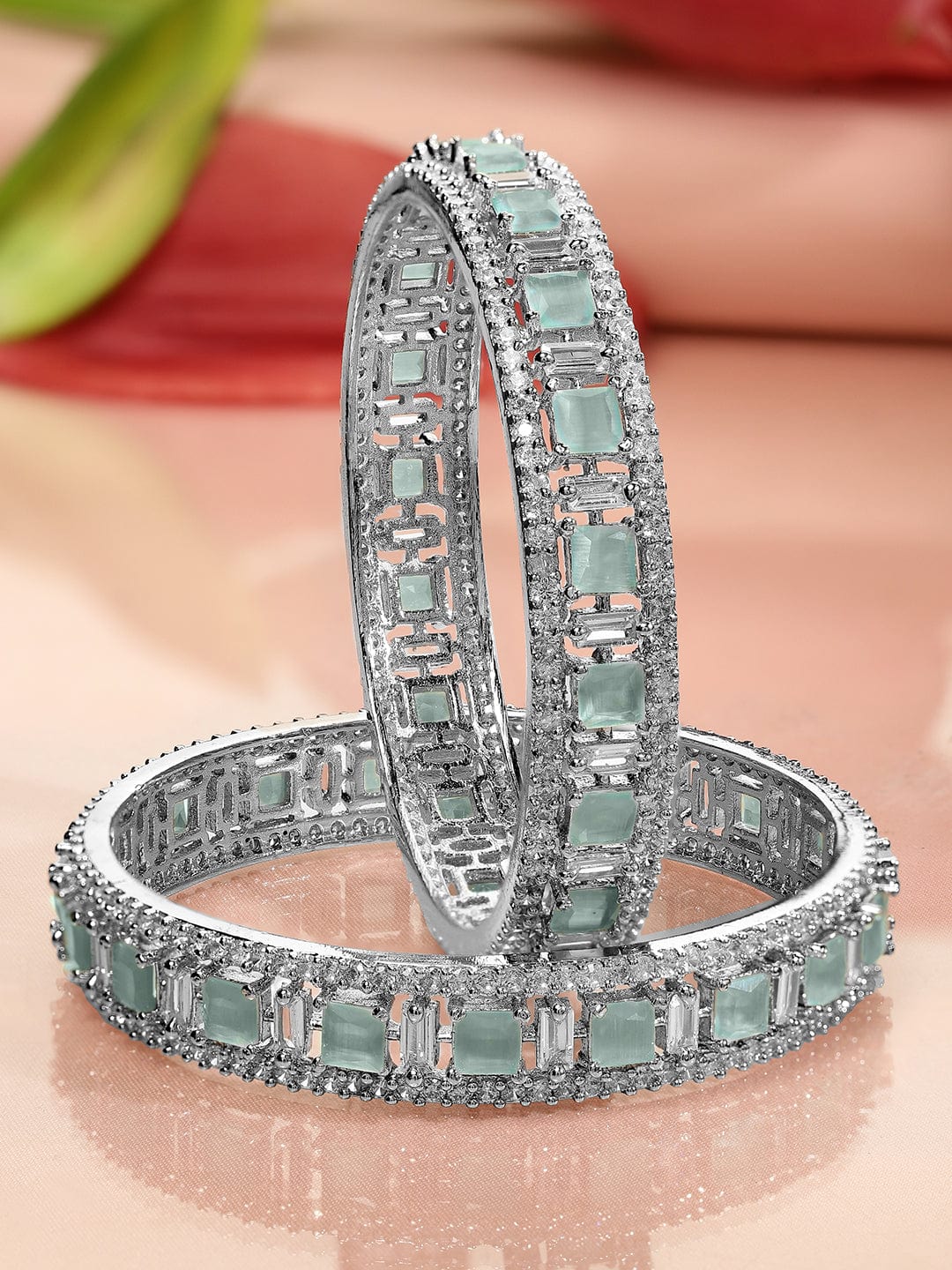 Wentra Set of 2 Silver-Plated Mint Green & White Cubic Zirconia Studded Premium Bangles