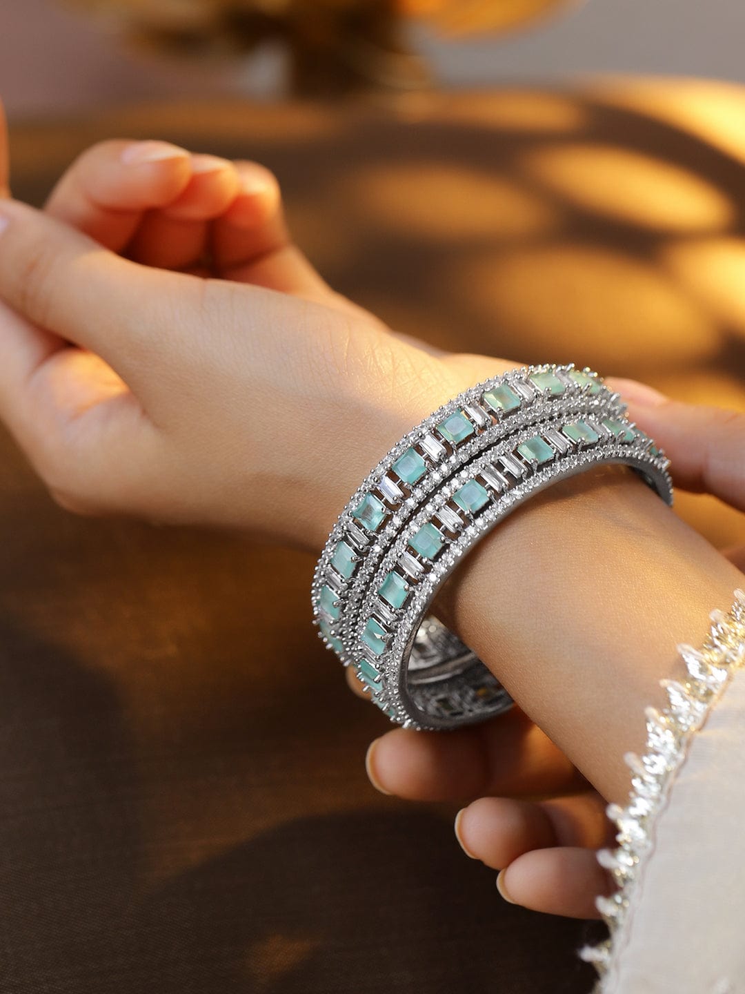 Wentra Set of 2 Silver-Plated Mint Green & White Cubic Zirconia Studded Premium Bangles