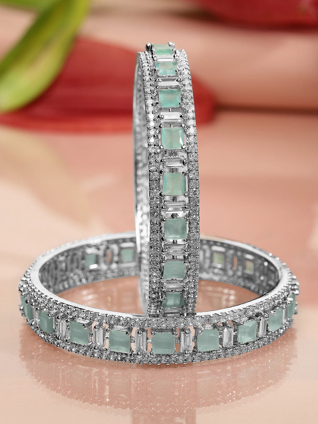 Wentra Set of 2 Silver-Plated Mint Green & White Cubic Zirconia Studded Premium Bangles