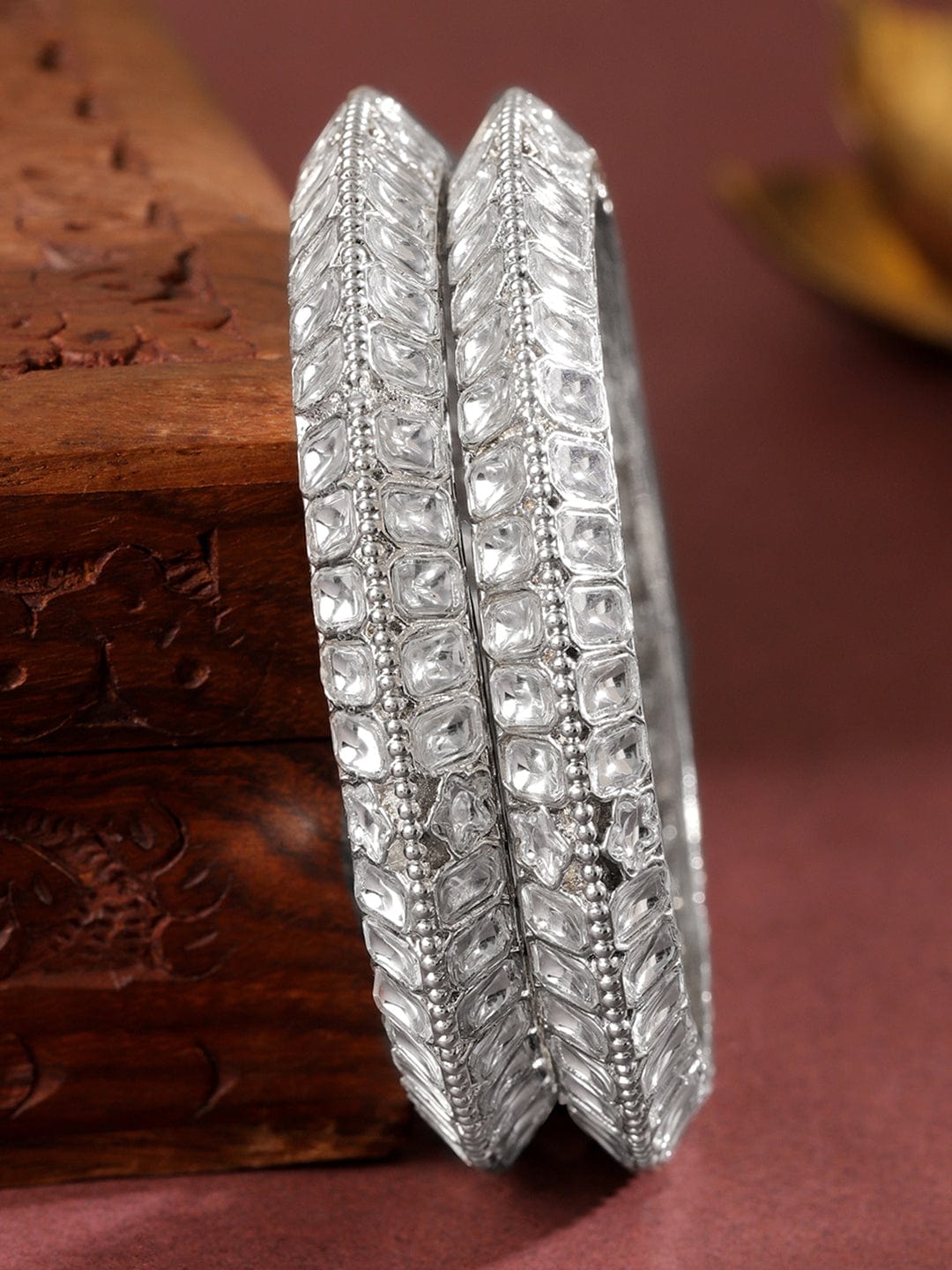 Wentra Set of 2 Silver-Plated White Kundan Studded Broad Traditional Bangles
