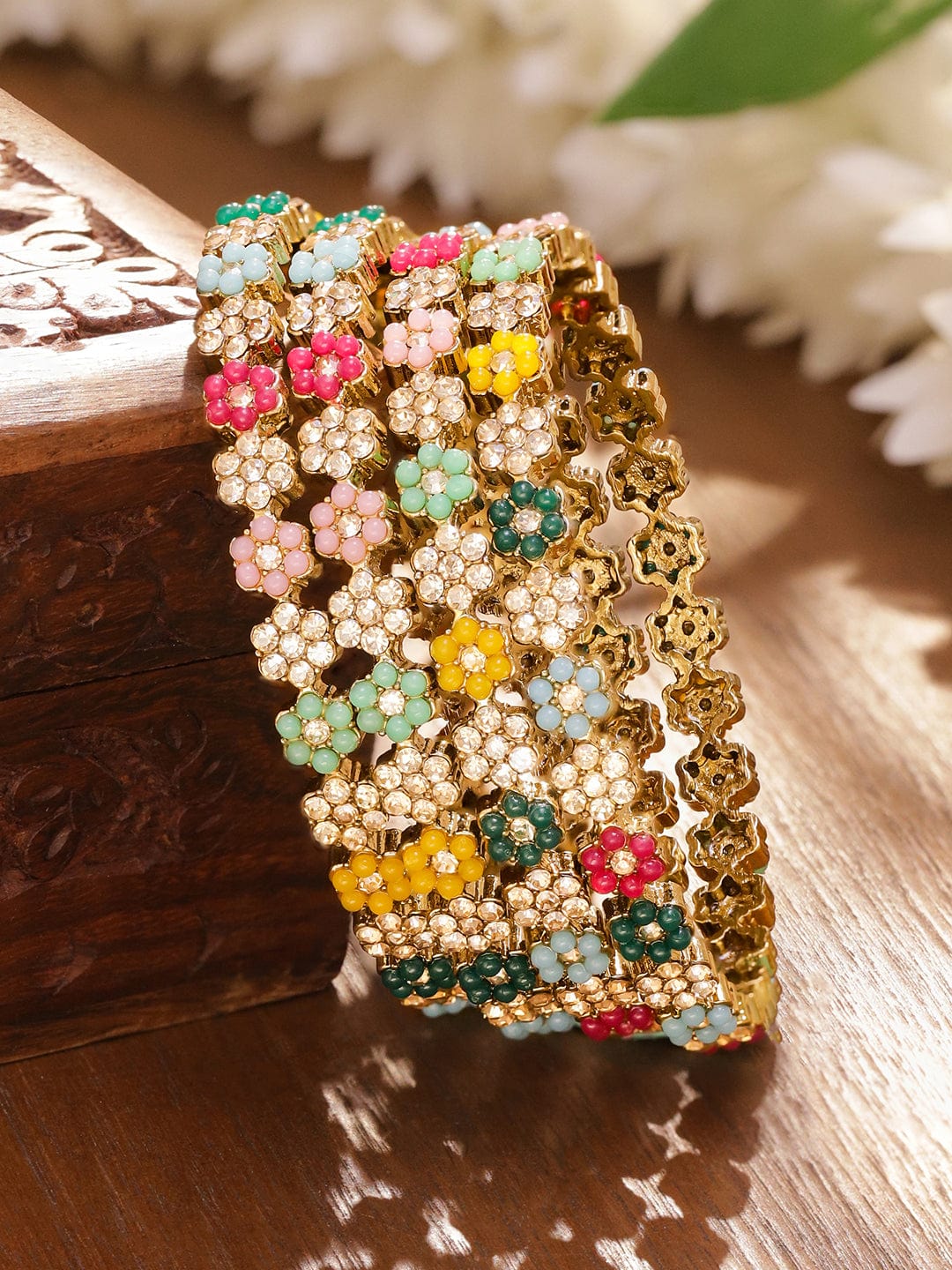Multicolor Floral Beaded Gold Bangles Set Of 4