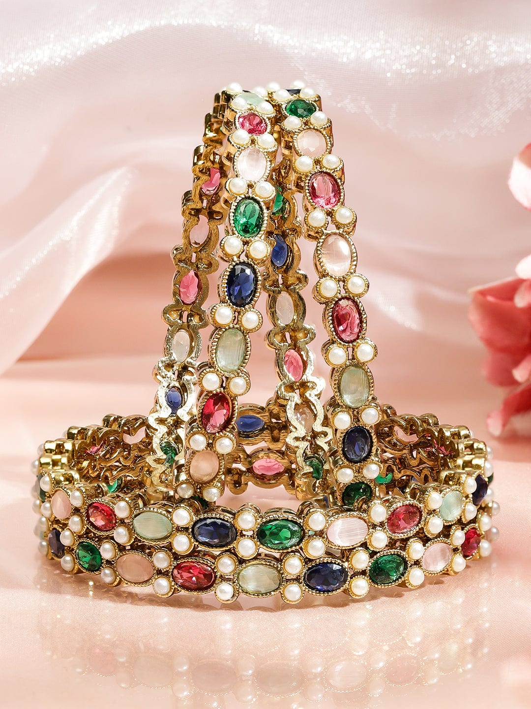 Wentra Set of 4 18K Gold-Plated Multicolor Zirconia & Pearl Beaded Designer Bangles