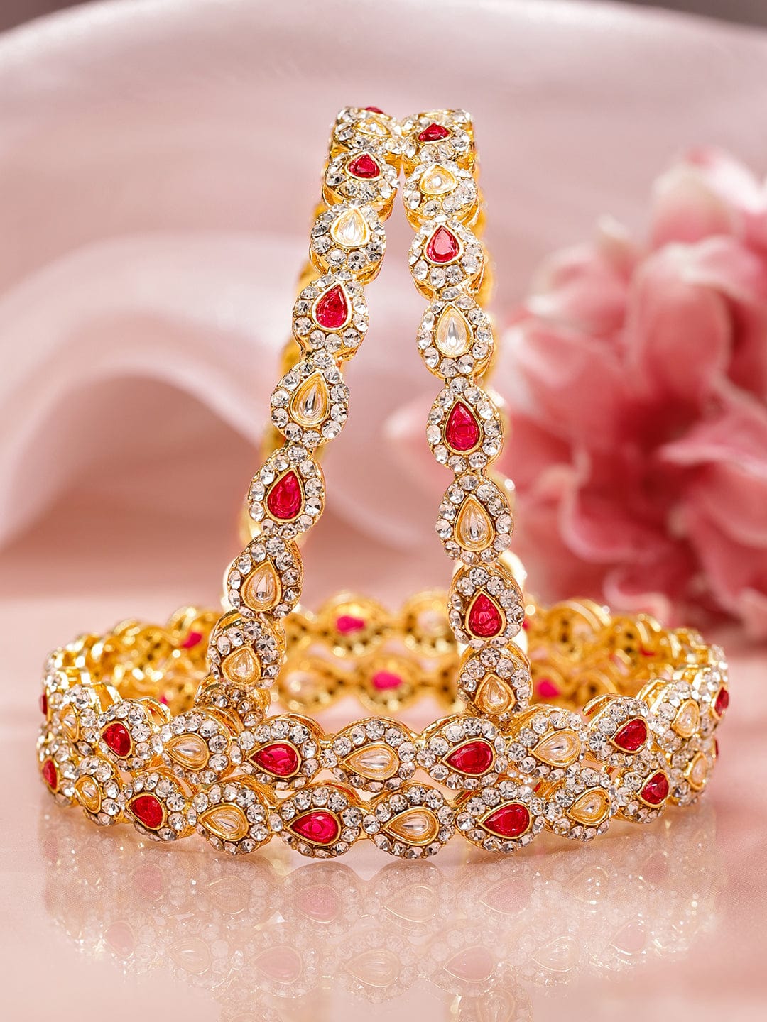 Wentra Set of 4 18K Mehandi Gold-Plated Ruby Pink & White Kundan Studded Designer Bangles