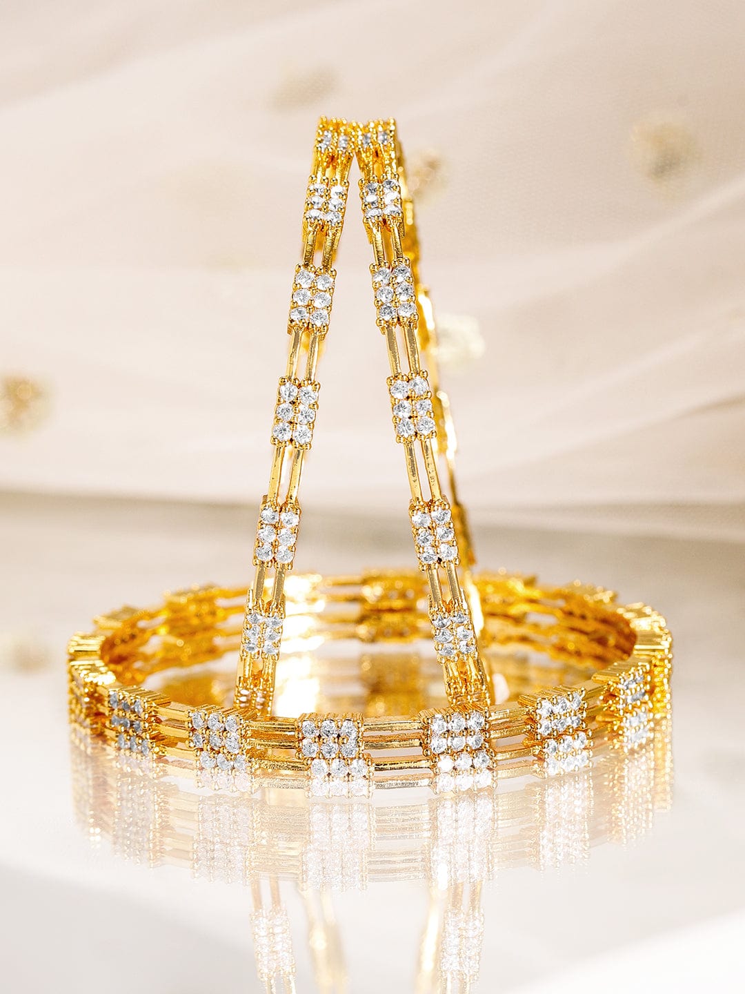 Wentra Set of 4, 22K Gold-Plated & Cubic Zirconia Studded Handcrafted Bangles