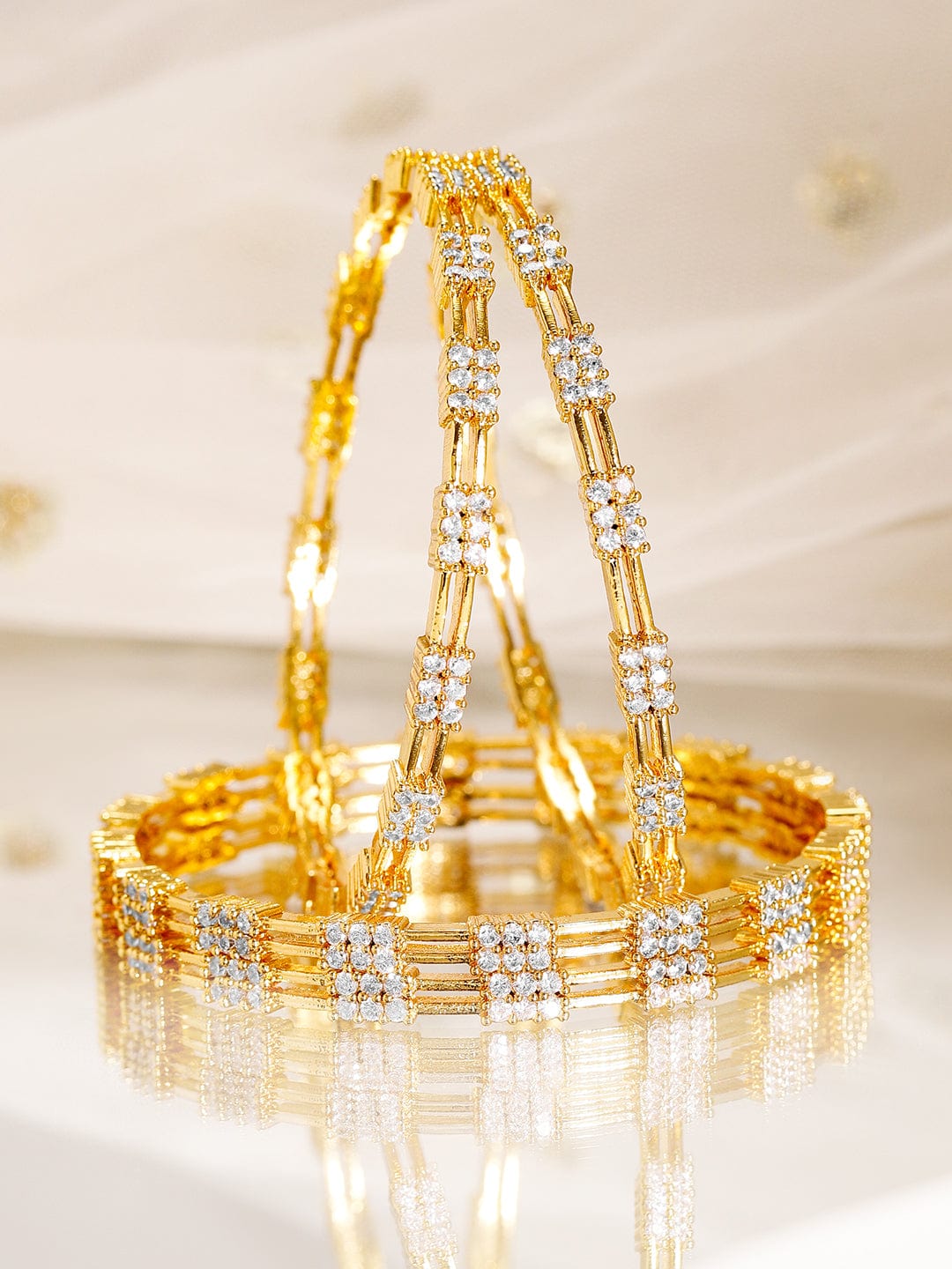 Wentra Set of 4, 22K Gold-Plated & Cubic Zirconia Studded Handcrafted Bangles