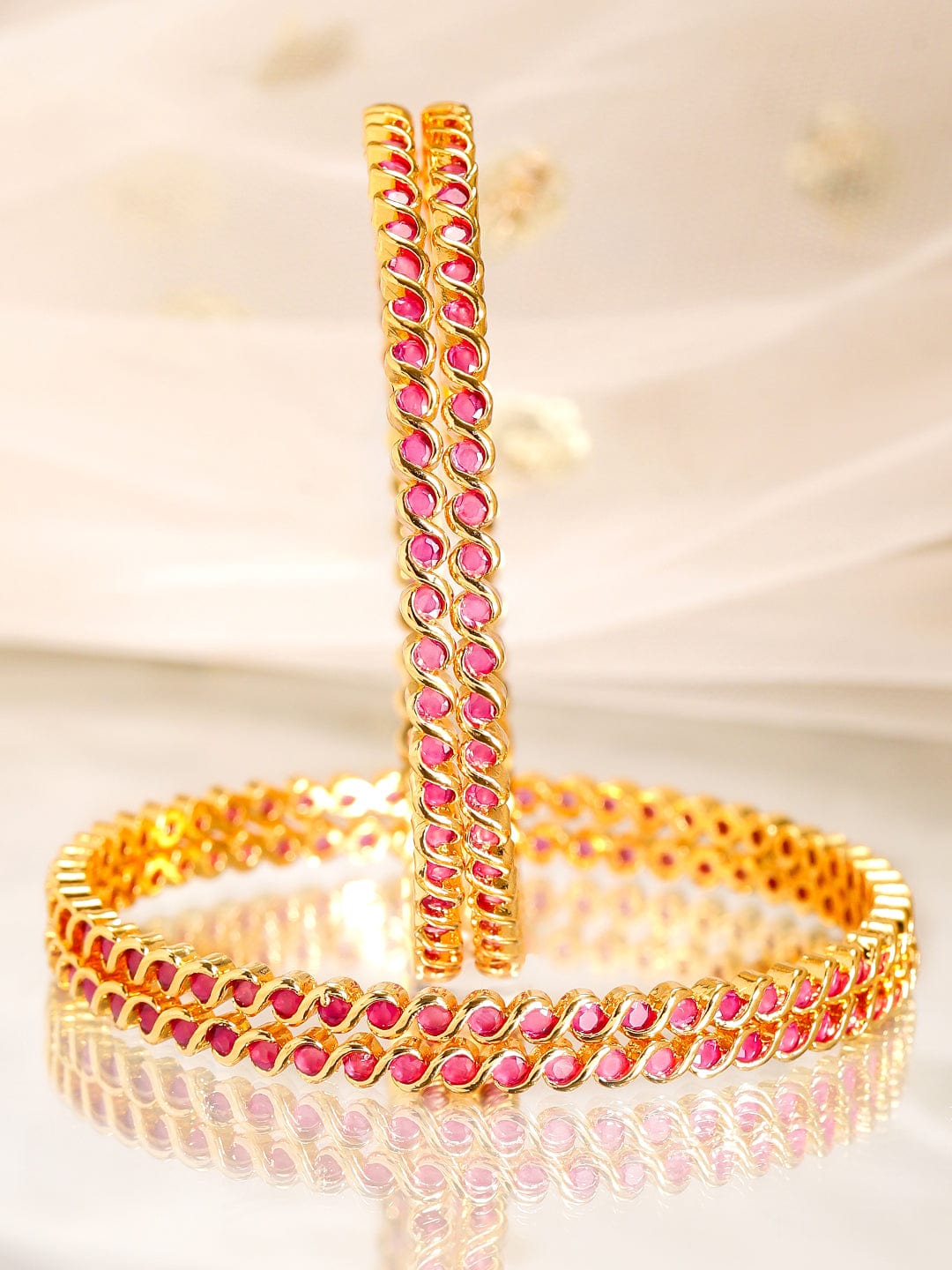 Wentra Set of 4, 22K Gold-Plated Ruby Pink Stone Studded Handcrafted Bangles