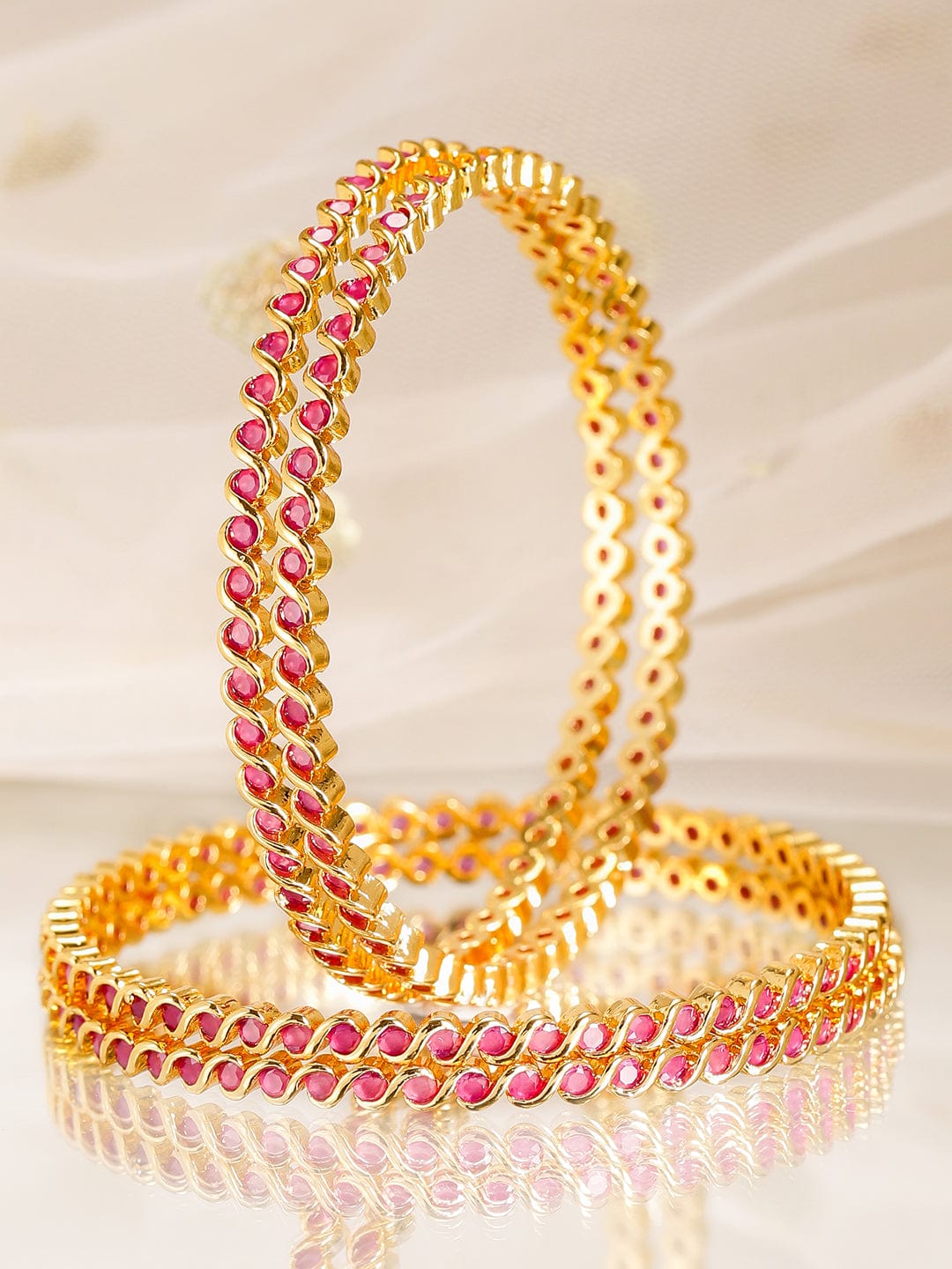 Wentra Set of 4, 22K Gold-Plated Ruby Pink Stone Studded Handcrafted Bangles