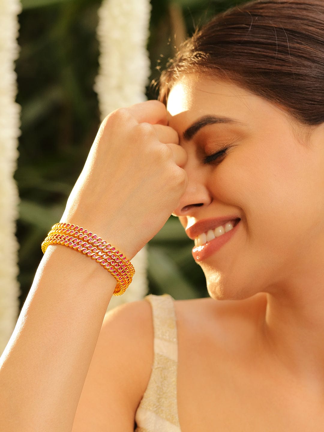 Wentra Set of 4, 22K Gold-Plated Ruby Pink Stone Studded Handcrafted Bangles