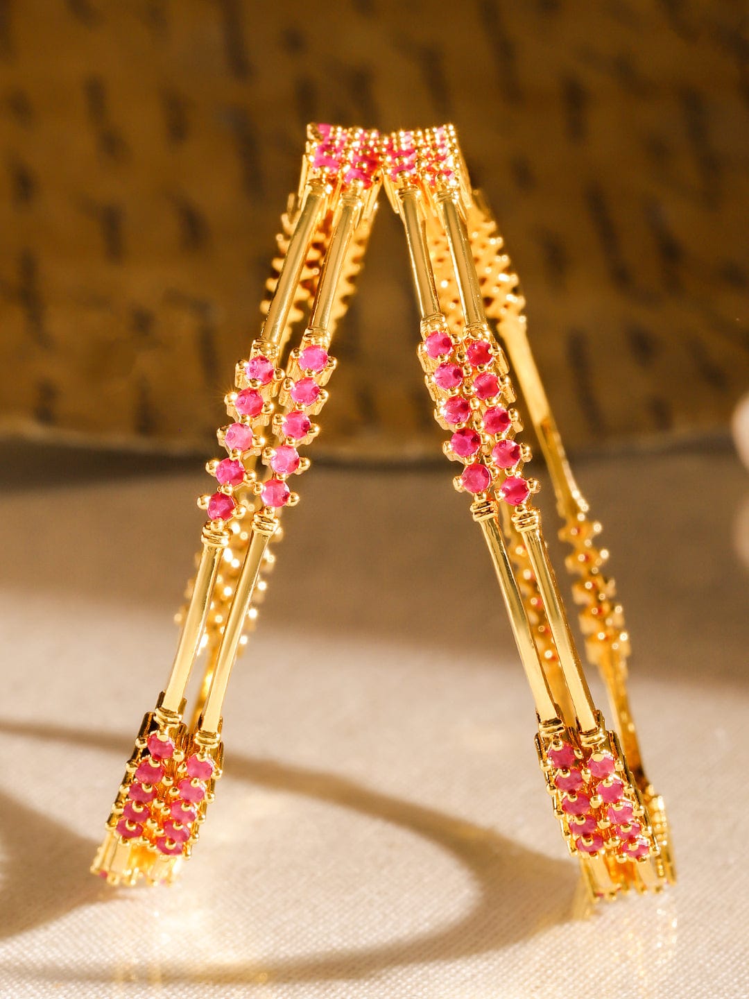 Wentra Set of 4, 22K Gold-Plated Ruby Pink Stone Studded Handcrafted Classic Bangles