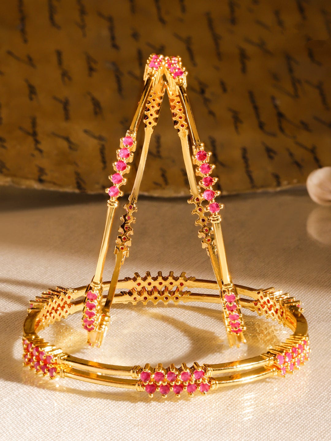 Wentra Set of 4, 22K Gold-Plated Ruby Pink Stone Studded Handcrafted Classic Bangles