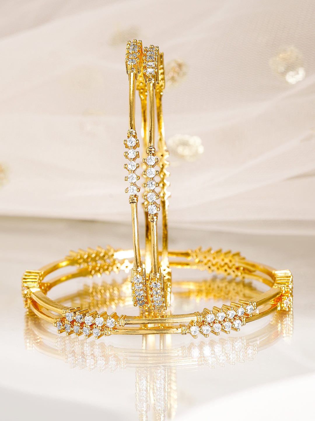Wentra Set of 4, 22K Gold-Plated & White Cubic Zirconia Stone Studded Handcrafted Classic Bangles