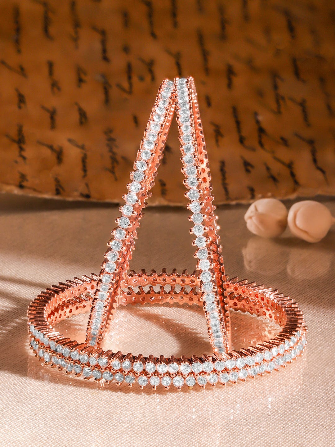 Wentra Set of 4 22K Rose Gold Plated Cubic Zirconia Stone Studded Classics Bangles