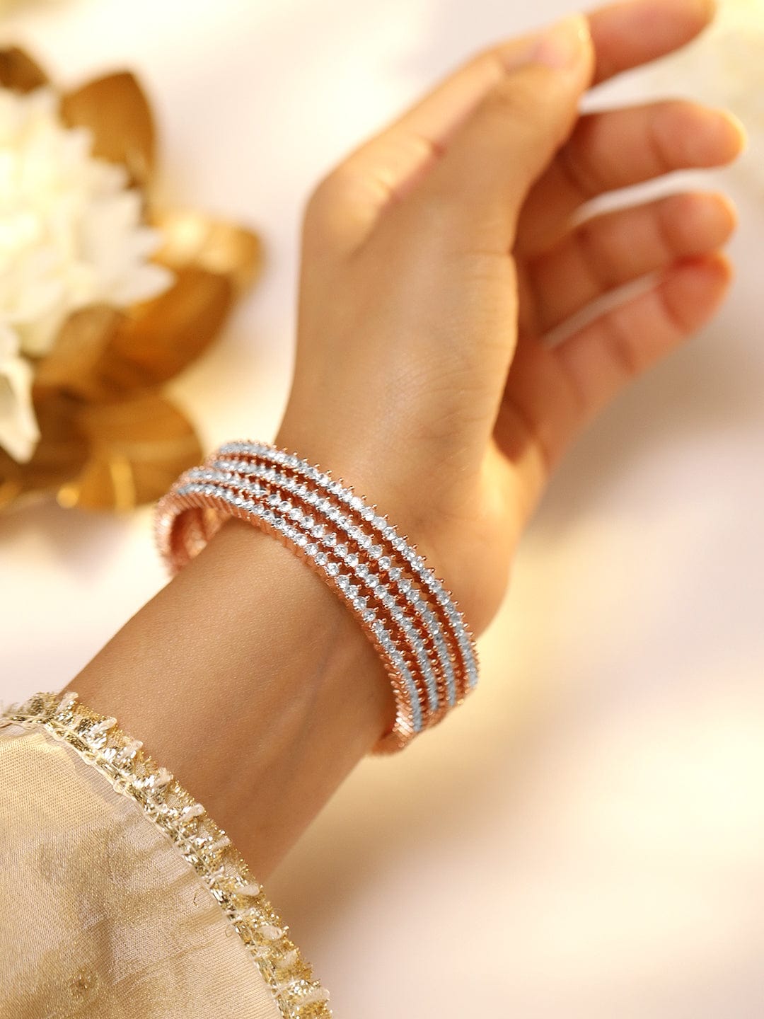 Wentra Set of 4 22K Rose Gold Plated Cubic Zirconia Stone Studded Classics Bangles