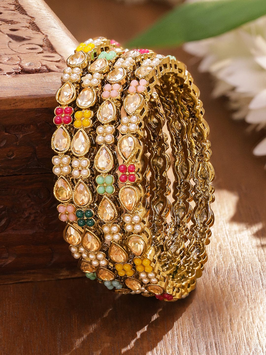 Gold Toned Multicolor Kundan Bangles Set Of 4