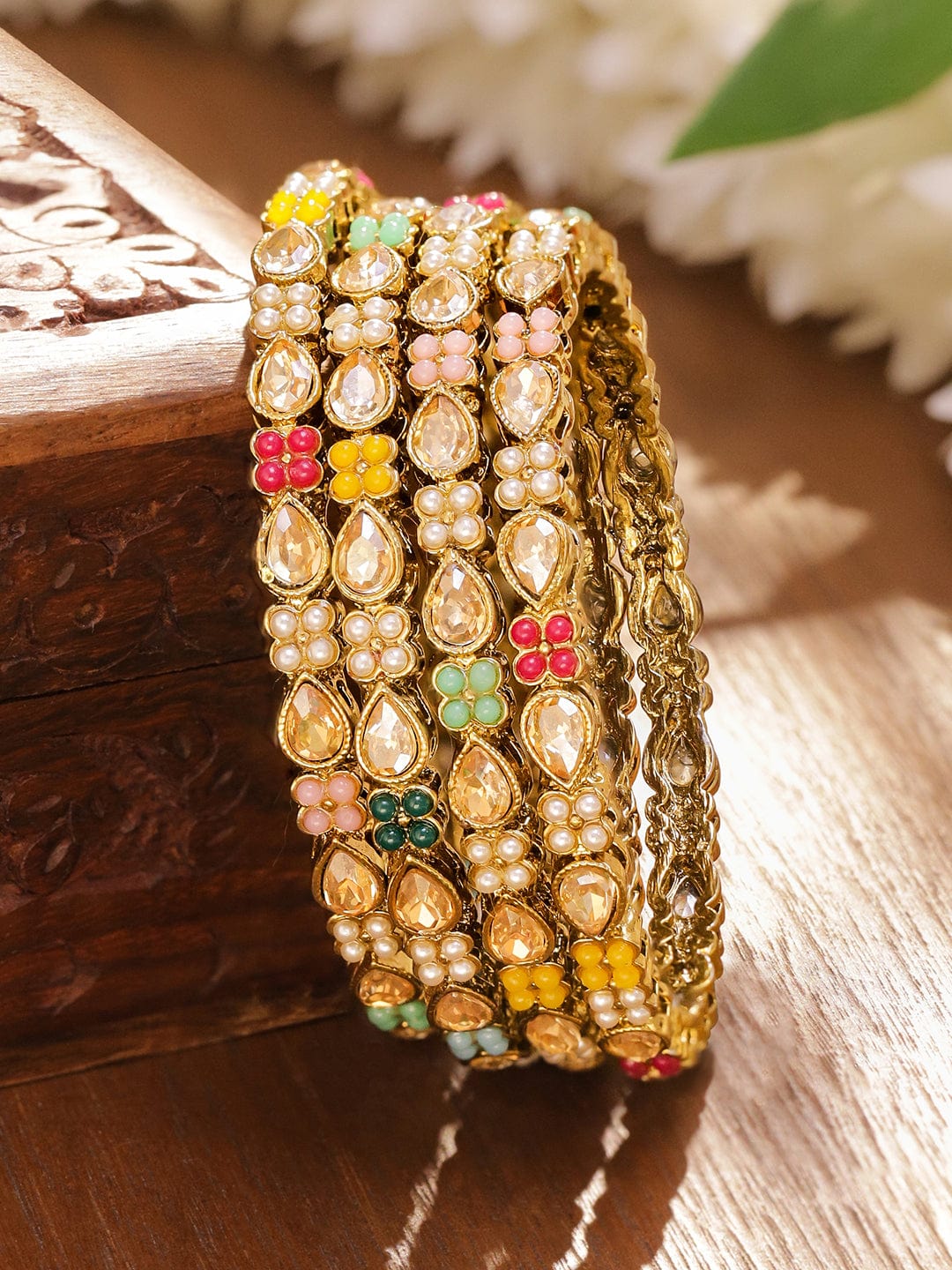 Gold Toned Multicolor Kundan Bangles Set Of 4