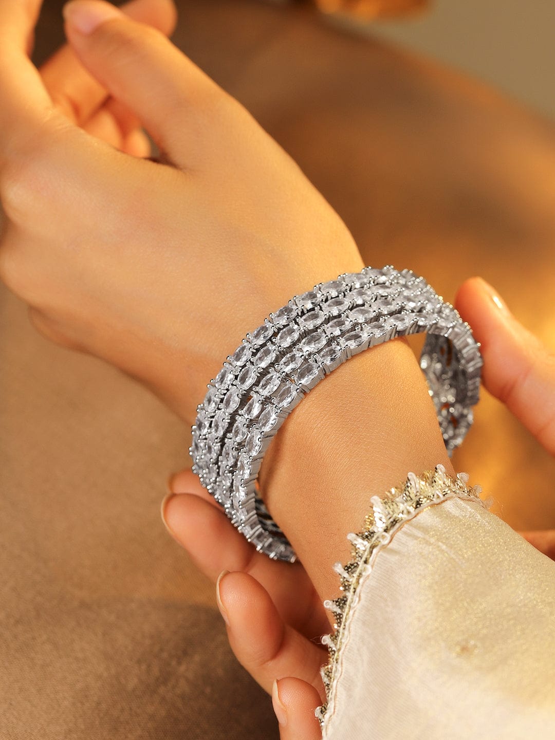 Wentra Set Of 4 Rhodium-Plated Crystal AD & Cubic Zirconia Stone Studded Premium Bangles