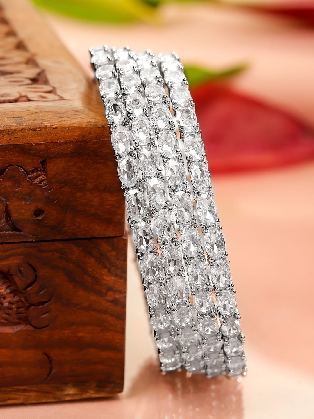 Wentra Set Of 4 Rhodium-Plated Crystal AD & Cubic Zirconia Stone Studded Premium Bangles