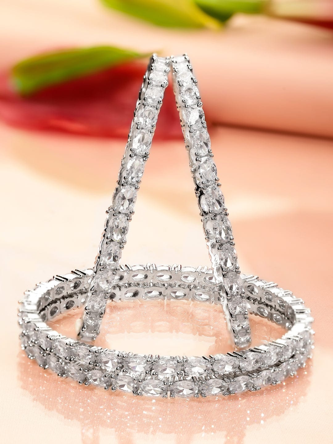 Wentra Set Of 4 Rhodium-Plated Crystal AD & Cubic Zirconia Stone Studded Premium Bangles