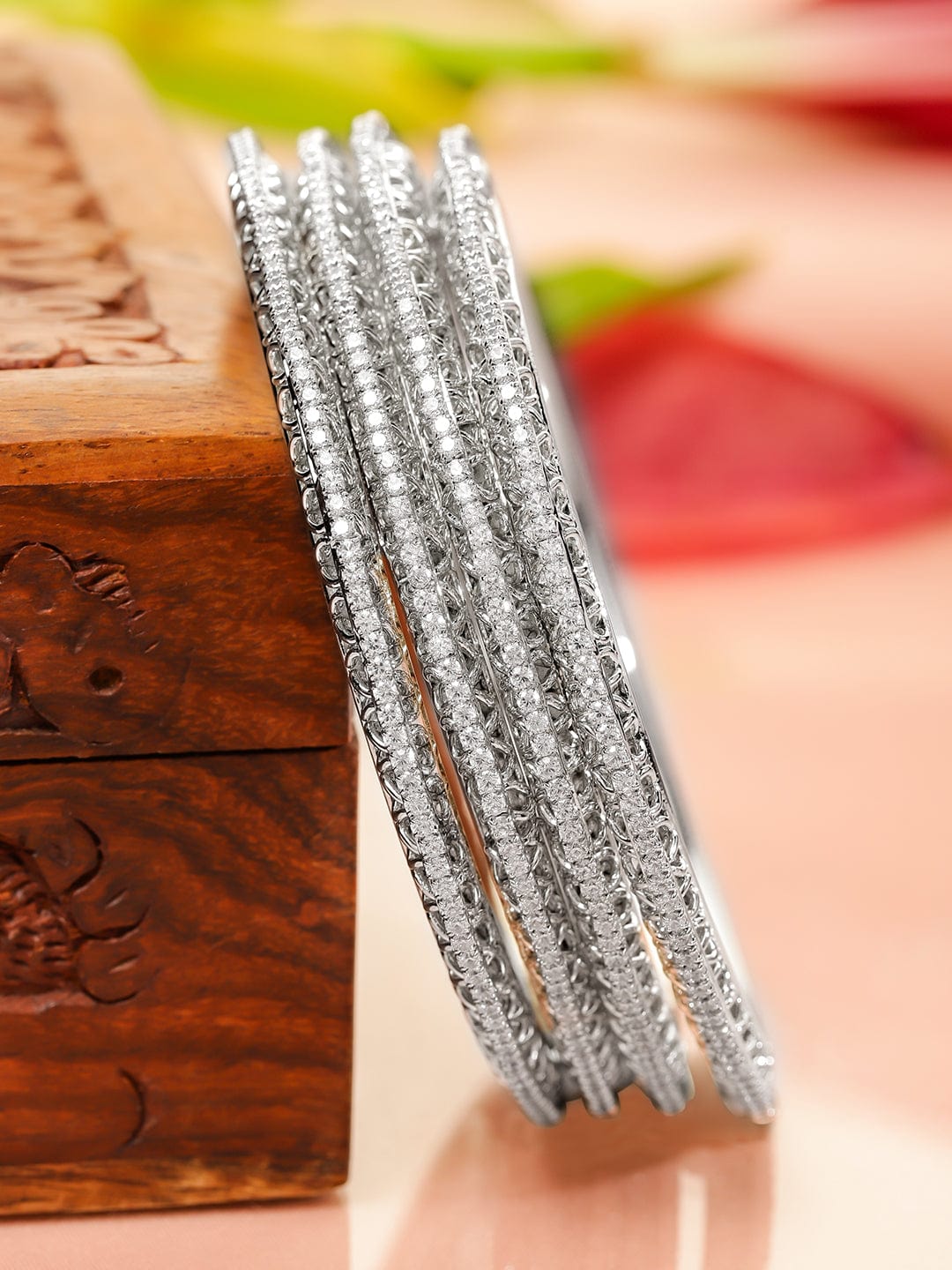 Wentra Set of 4 Rhodium-Plated Cubic Zirconia Studded Bangles