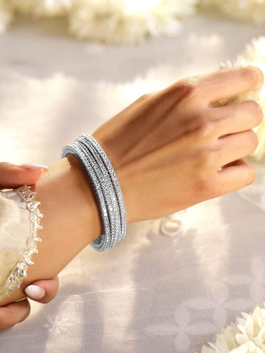 Wentra Set Of 4 Rhodium Plated CZ Studded Bangles