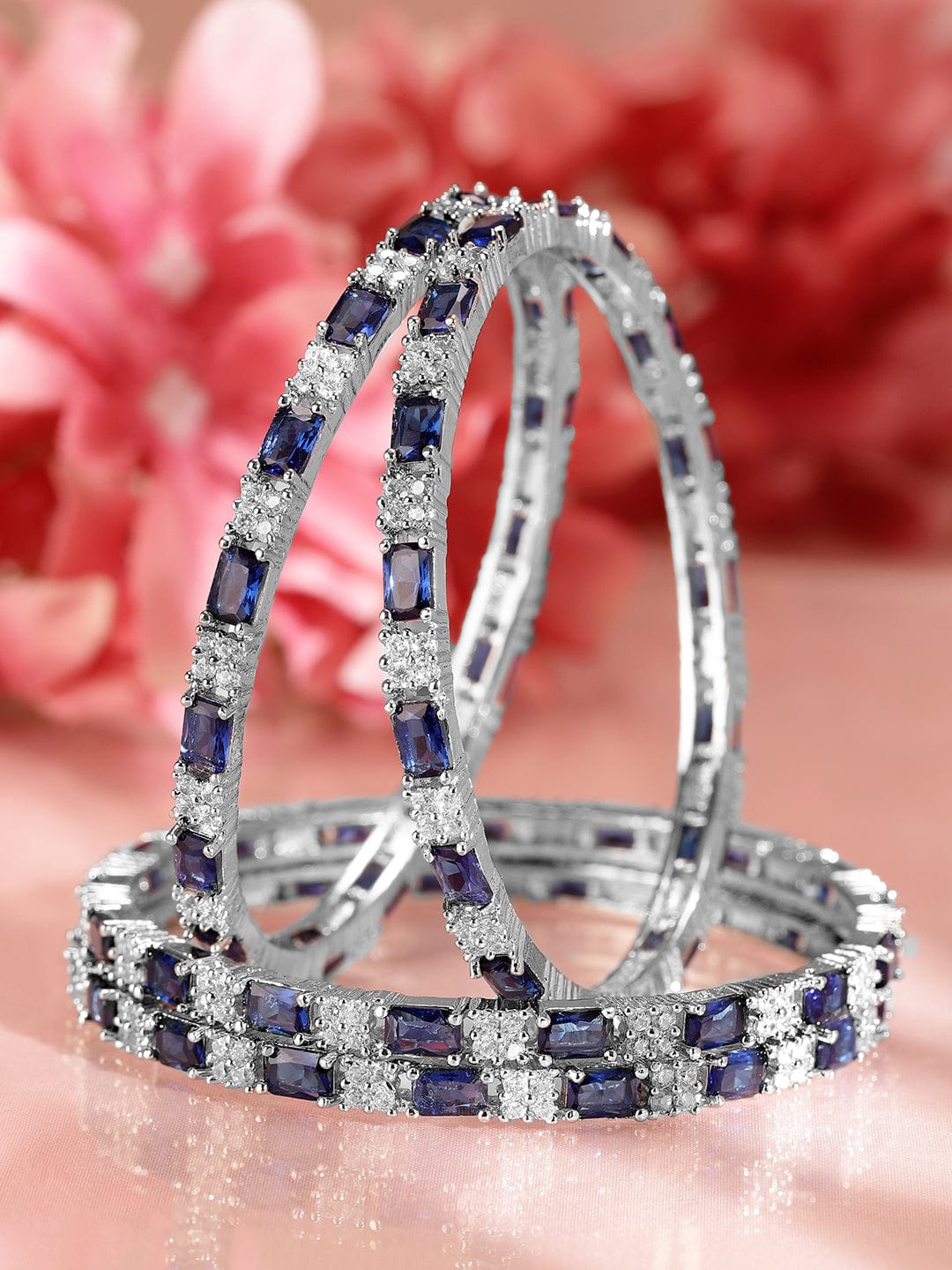 Wentra Set of 4 Rhodium-Plated Blue Sapphire & Cubic Zirconia Studded Premium Bangles