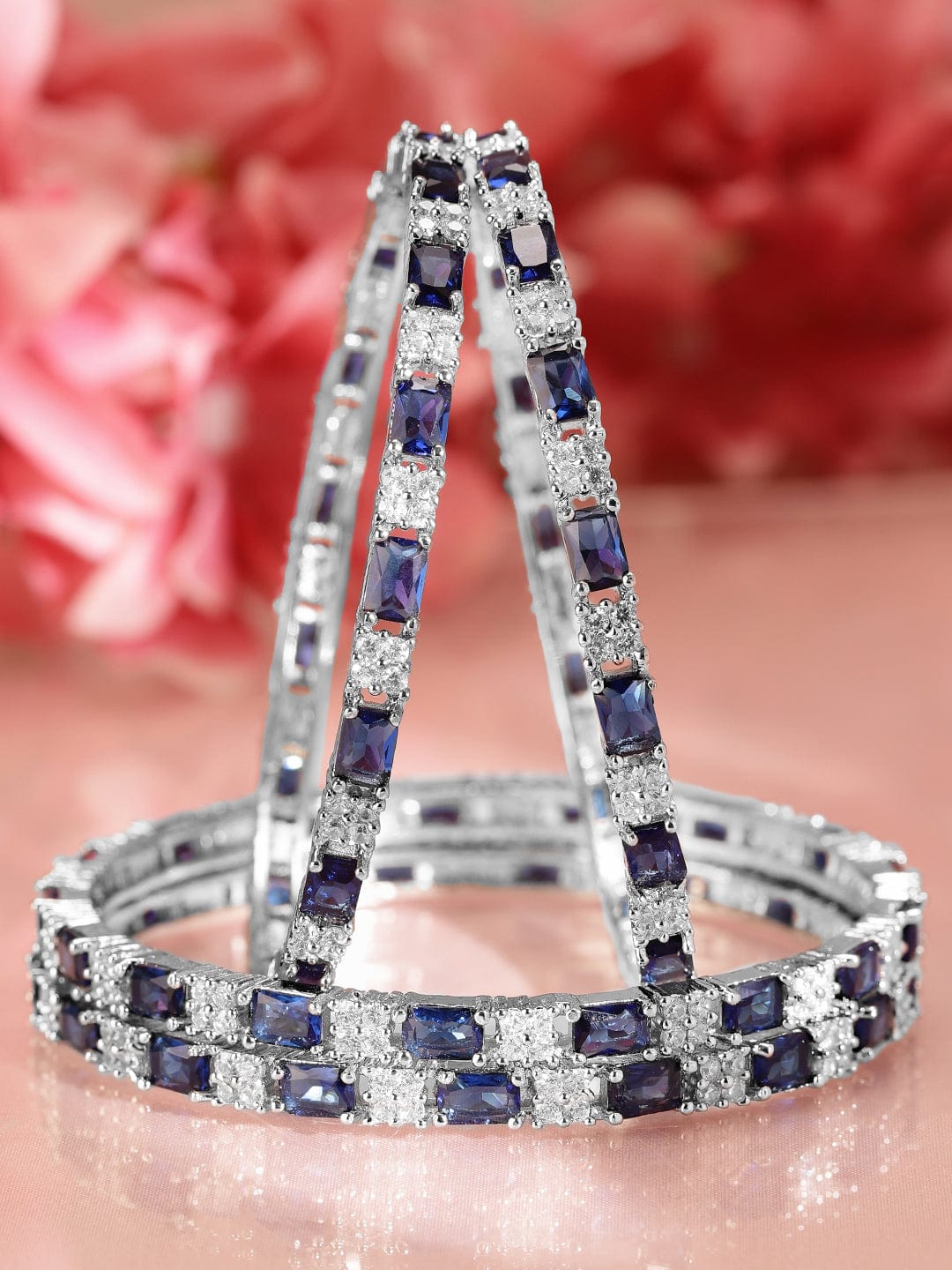 Wentra Set of 4 Rhodium-Plated Blue Sapphire & Cubic Zirconia Studded Premium Bangles