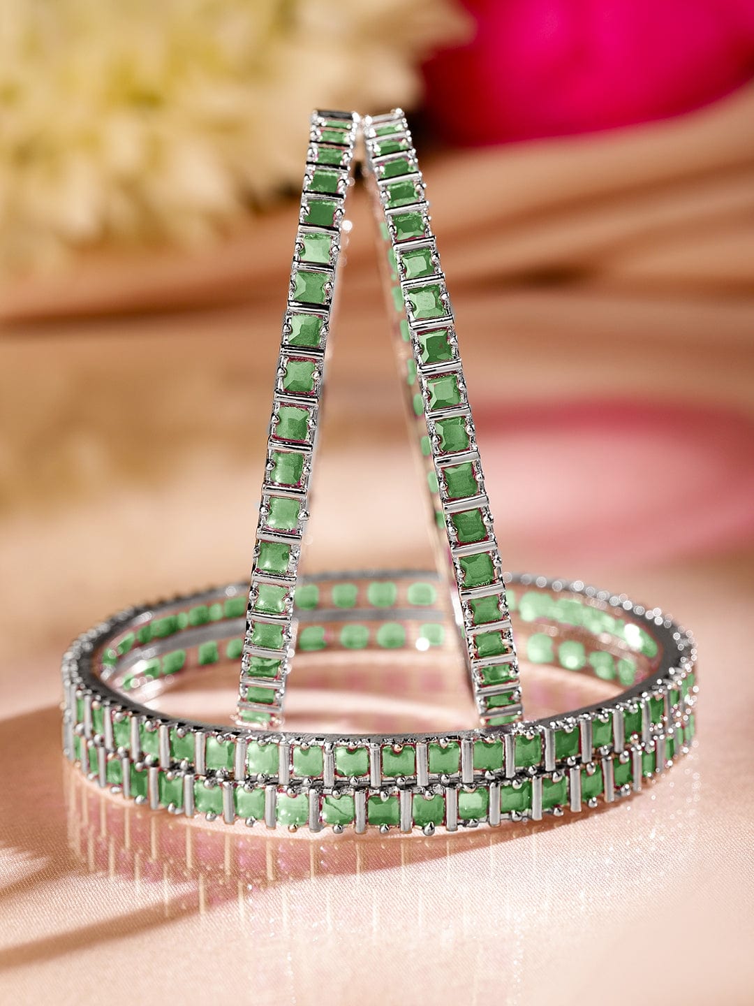 Wentra Set of 4 Rhodium Plated Emerald Green Square-Cut Cubic Zirconia Studded Bangles