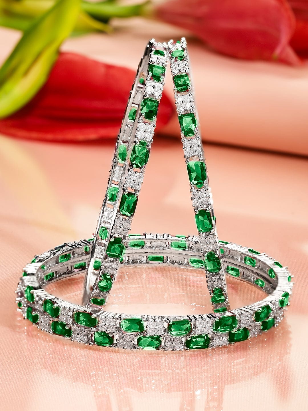 Wentra Set of 4 Rhodium-Plated Emerald Green & White Cubic Zirconia Studded Bangles