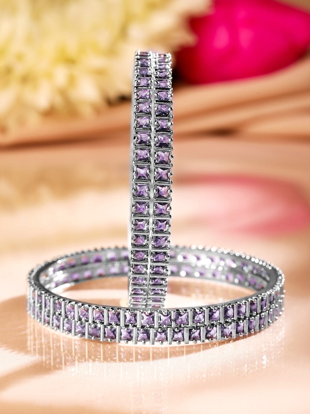 Wentra Set of 4 Rhodium-Plated Lavender Cubic Zirconia Studded Handcrafted Premium Bangles