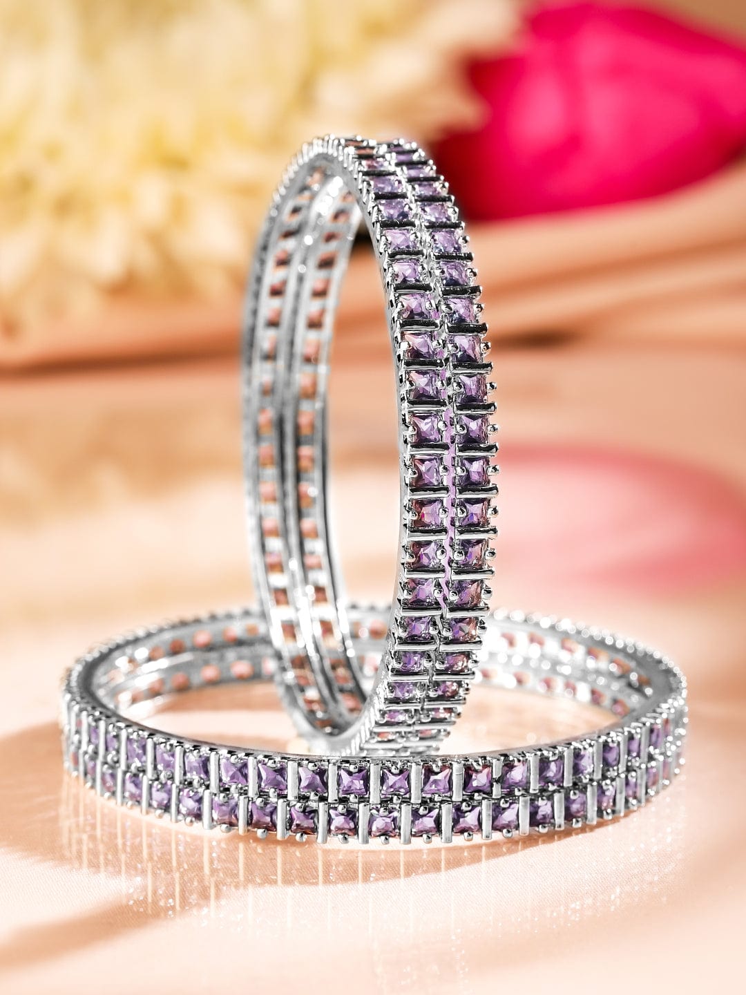 Wentra Set of 4 Rhodium-Plated Lavender Cubic Zirconia Studded Handcrafted Premium Bangles