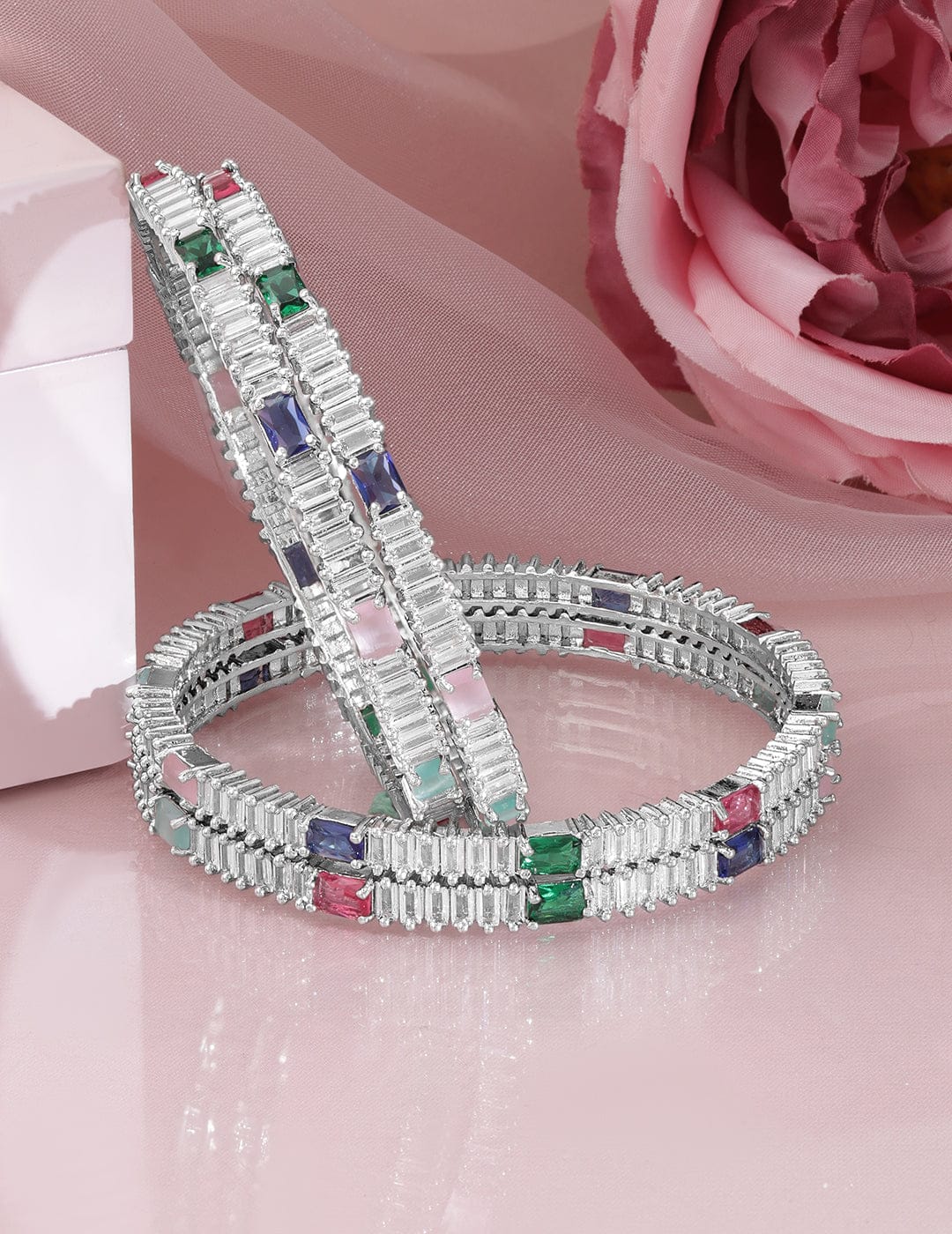 Wentra Set of 4 Rhodium-Plated Multicolor AD and Cubic Zirconia Studded Premium Bangles