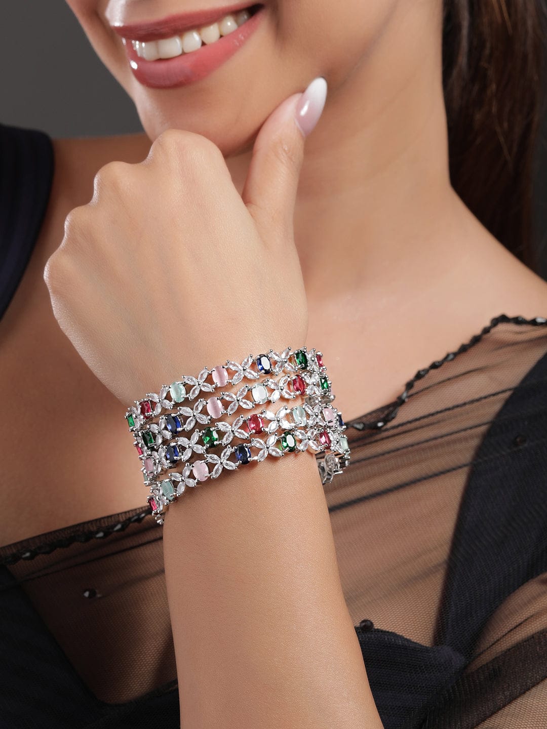 Wentra Set of 4 Rhodium-Plated Multicolor AD & CubicZirconia Studded Floral Design Bangles