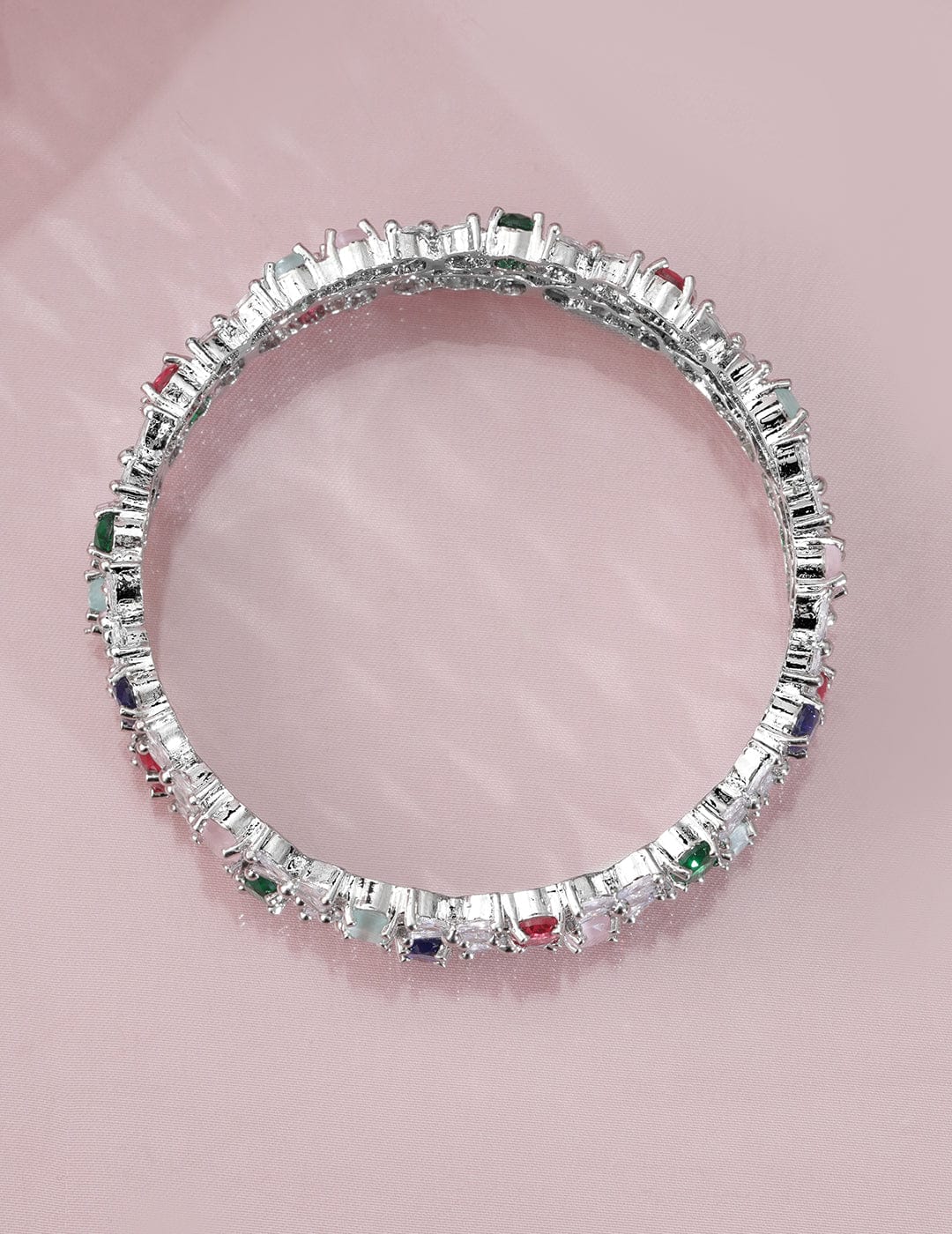 Wentra Set of 4 Rhodium-Plated Multicolor AD & CubicZirconia Studded Floral Design Bangles