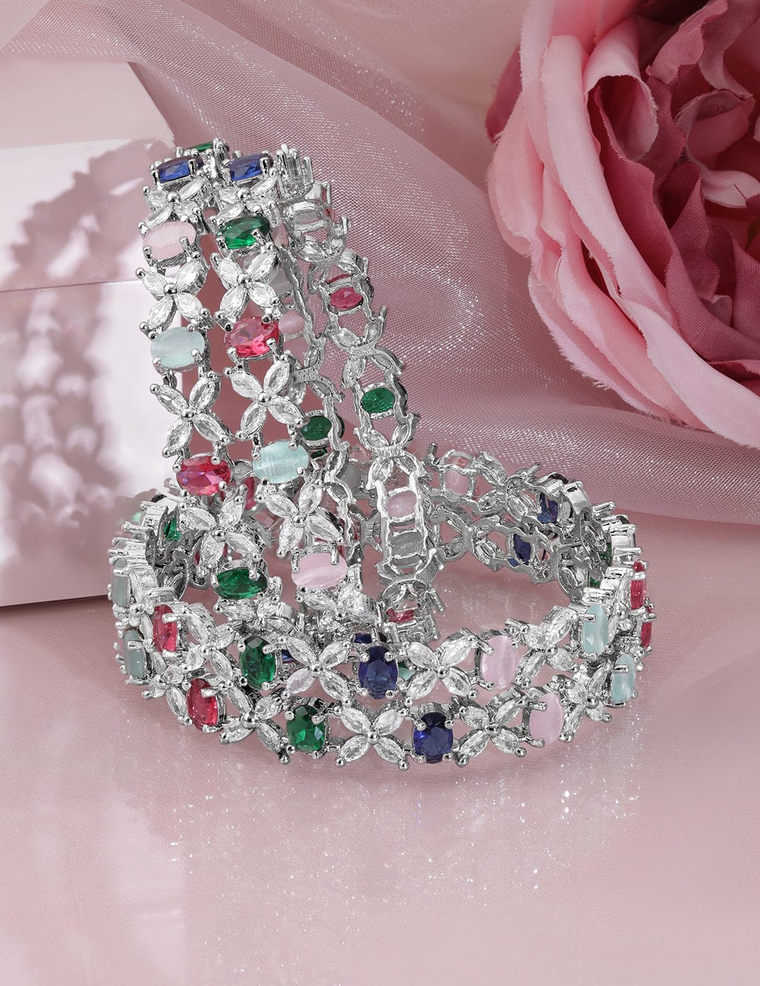 Wentra Set of 4 Rhodium-Plated Multicolor AD & CubicZirconia Studded Floral Design Bangles